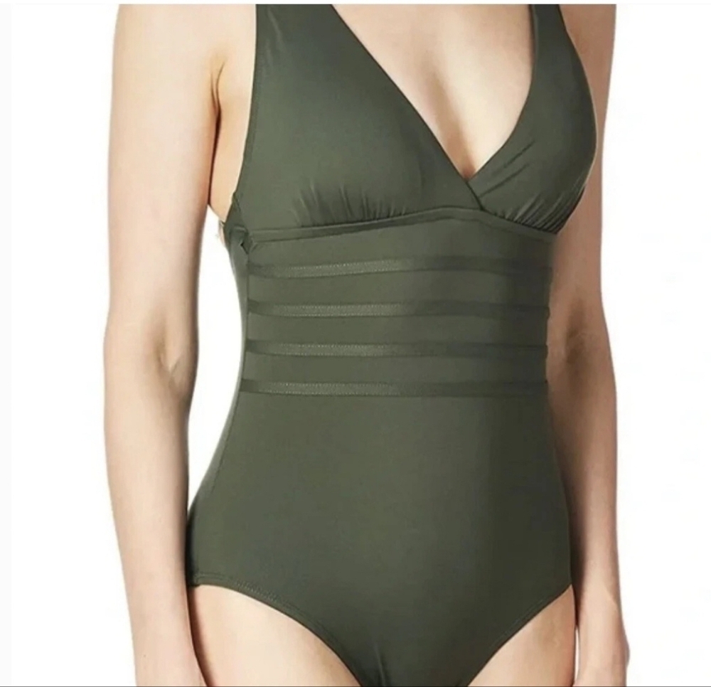 La Blanca Size 10 Olive UW Surplice Strappy Back One Piece Maillot Swimsuit NWT